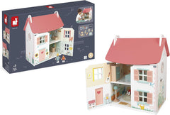 Janod – Prima mea casă de păpuși din lemn – 10 accesorii – Mobilier pentru păpuși – Uși magnetice și acoperiș detașabil – Jucărie din lemn certificat FSC – Vârste 3+