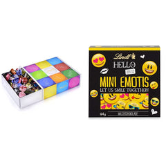 Chocolate assortment (37 LINDOR balls, 24 Hello Mini sticks, 10 Mini Fioretto), chocolate gift (1 x 815 g) and HELLO Mini Emoti, milk chocolate in 5 emoticon designs, 164 g