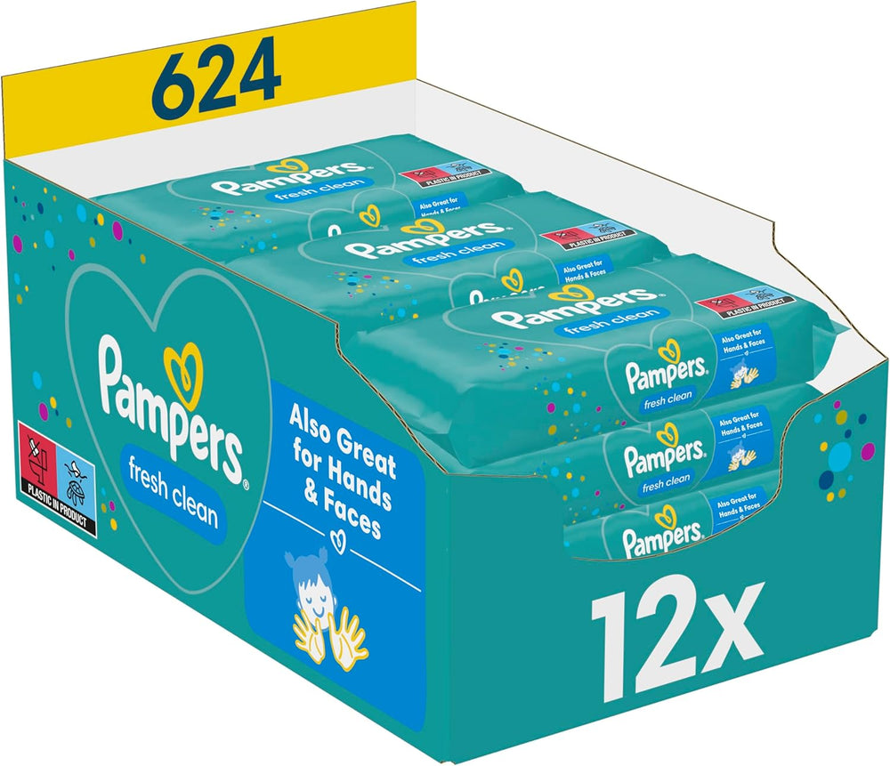 Pampers Fresh Clean Wet Wipes, 12 Packs of 52 Wipes, 624 Wipes Total, Light Scent, Also Suitable for Hands and Face