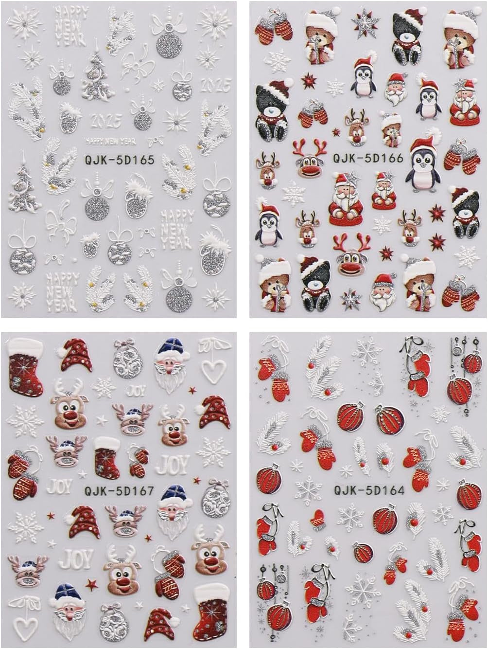 JMEOWIO 3D Nagelsticker Weihnachten Glitzer Nail Art Sticker Selbstklebend Nagelaufkleber 5D Stereoskopisch Schneeflocke Winterurlaub Süß Dekoration Nageldesign Zubehör 4 Blatt