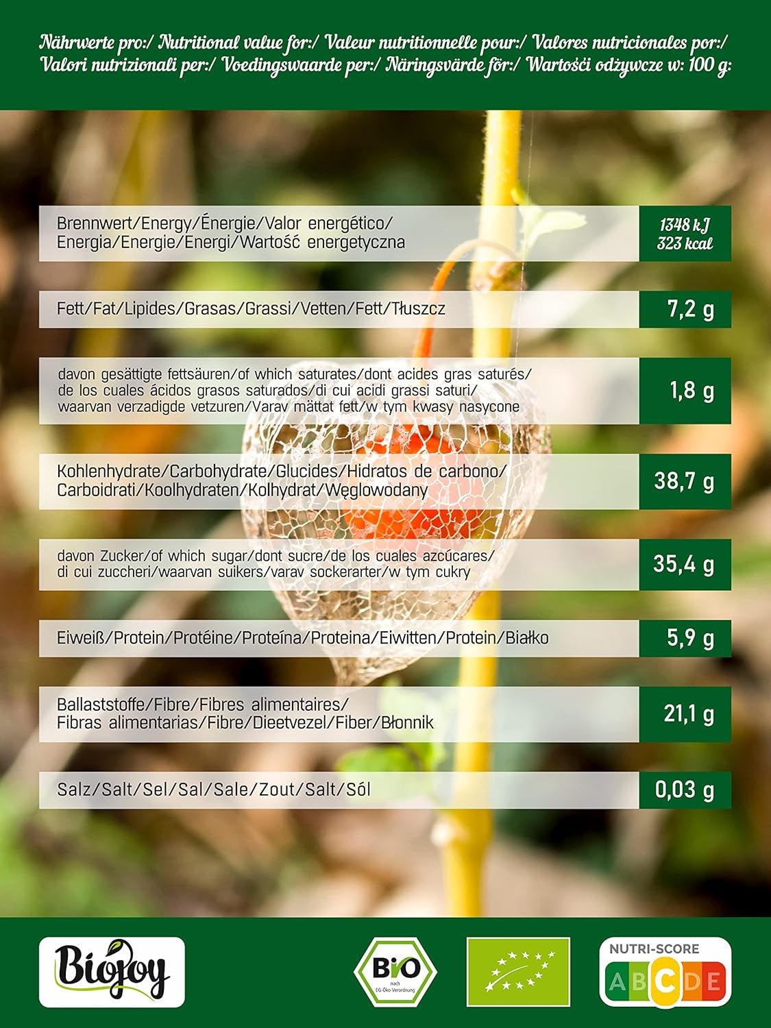 Biojoy BIO-Physalis (1 kg), fructe de pădure Inca uscate și nesulfurate Produse deshidratate Naty Shop