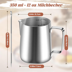 Cană de lapte, cană de lapte din oțel inoxidabil de 350 ml cu marcaj de măsurare, accesoriu barista, cană de lapte pentru cappuccino, espresso, latte art, iubitori de cafea, argintiu, 355 ml
