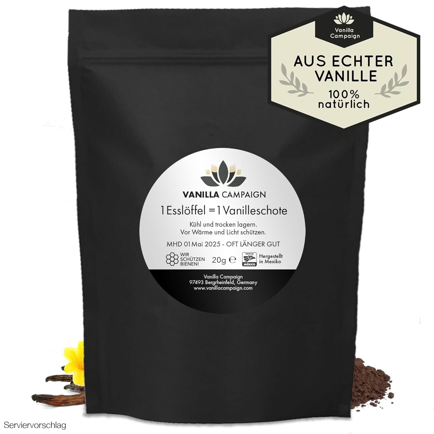 Pulbere de vanilie premium din boabe de vanilie reale, naturală, fără zahăr, fără aditivi, Fairtrade, vegană (40G fără cutie) De la Vanilla Campaign® Arome Naty Shop