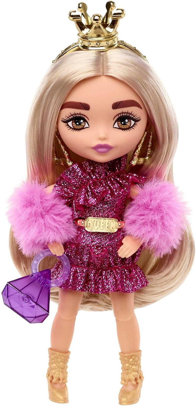 Barbie Extra Minis, blonde Pferdeschwanz, Goldener Krone, Earrings and Königinnengürtel, lilac Diamanttasche, rosa Paillettenkleid, inkl. Barbie doll, gift for children from 3 years, HJK67