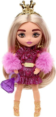 Barbie Extra Minis, blonde Pferdeschwanz, Goldener Krone, Earrings and Königinnengürtel, lilac Diamanttasche, rosa Paillettenkleid, inkl. Barbie doll, gift for children from 3 years, HJK67