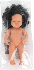 Miniland Dolls: europäische Babypuppe Mädchen mit schwarzen Locken, 38cm, aus weichem Vinyl, in transparent Tüte. (31232)