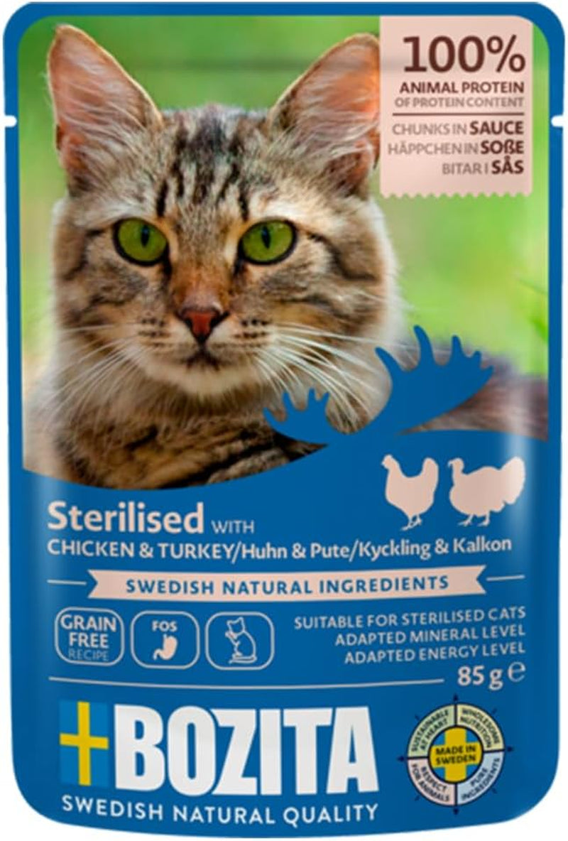 Bozita Pouch Mărunțișuri de hrană umedă în sos cu curcan - 12X85G Portion Pouch Hrană fără cereale și fără grâu pentru pisici - Hrană umedă pentru pisici adulte cu un conținut de 8,5% proteine și 4,5% grăsimi