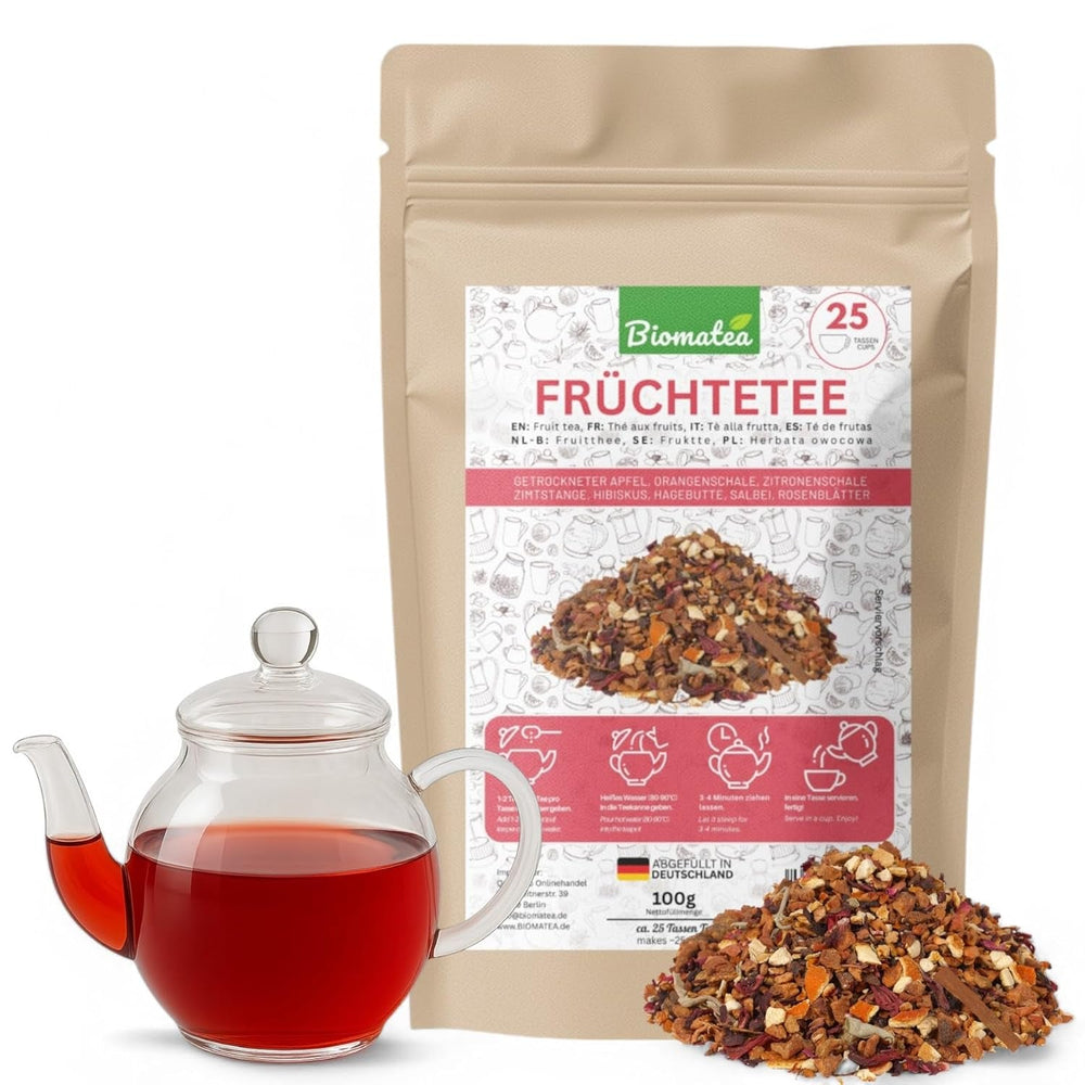 Ceai de fructe โ 100 g Amestec aromat de fructe cu mere, hibiscus ศi scorศiศoarฤ โ Pungฤ cu fermoar, aproximativ 25 de ceศti โ Fฤrฤ aditivi, ambalat รฎn Germania