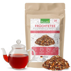 Ceai de fructe โ 100 g Amestec aromat de fructe cu mere, hibiscus ศi scorศiศoarฤ โ Pungฤ cu fermoar, aproximativ 25 de ceศti โ Fฤrฤ aditivi, ambalat รฎn Germania