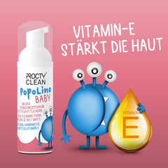 PopoLino Baby soft bottom foam instead of wet baby wipes. Vegan and natural cosmetic cleansing foam! Bottom foam with aloe vera, witch hazel, bergamot and vitamin E. Makes bottoms and the environment happy.