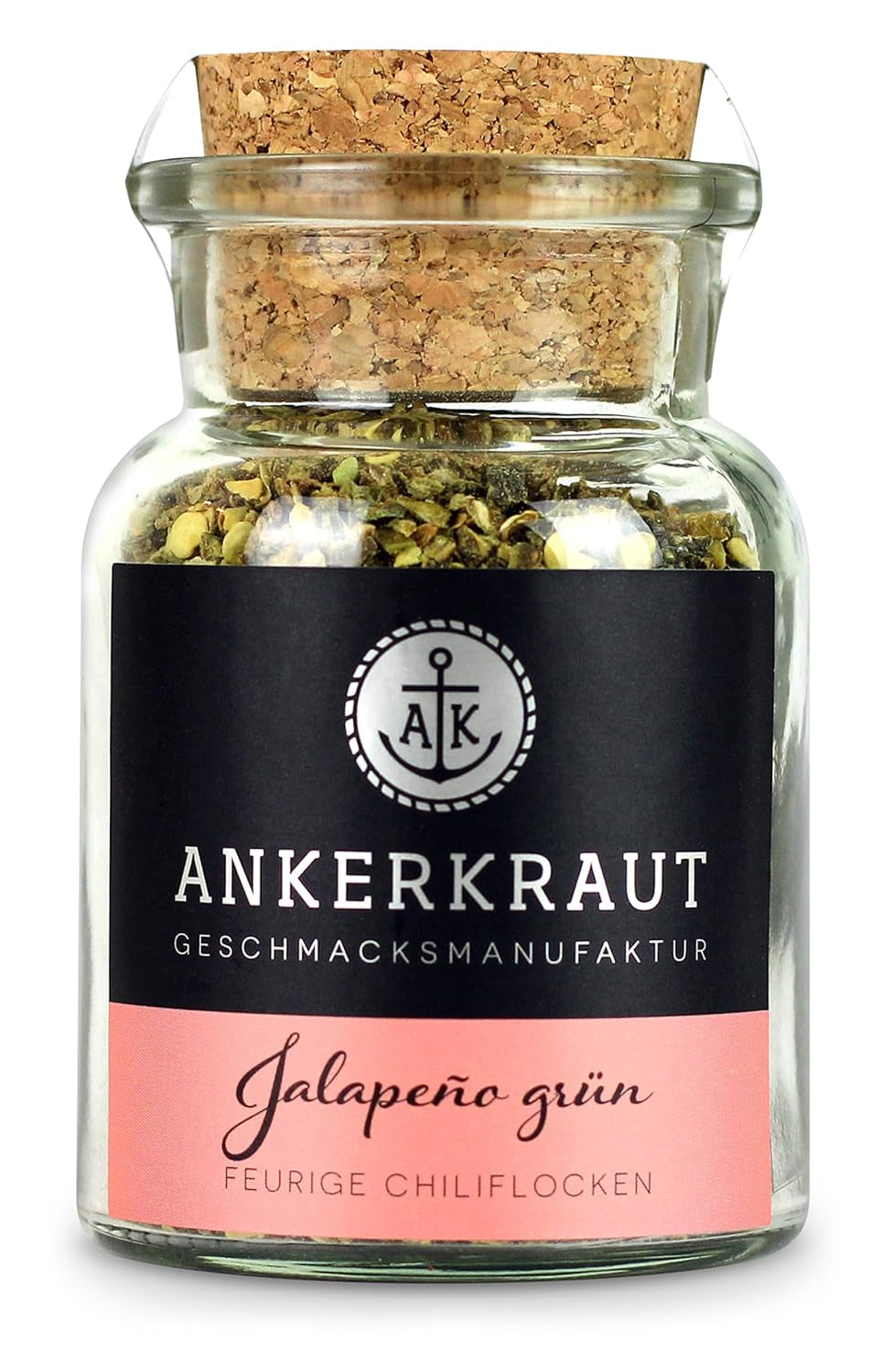 Ankerkraut Grüne Jalapeno, scharfe Chili, Chilis geschrotet, Finisher Scharf Würzen, Scharfes Essen Kochen, Highlight Chili con Carne, Fleisch, Kartoffeln, 45g im Korkenglas