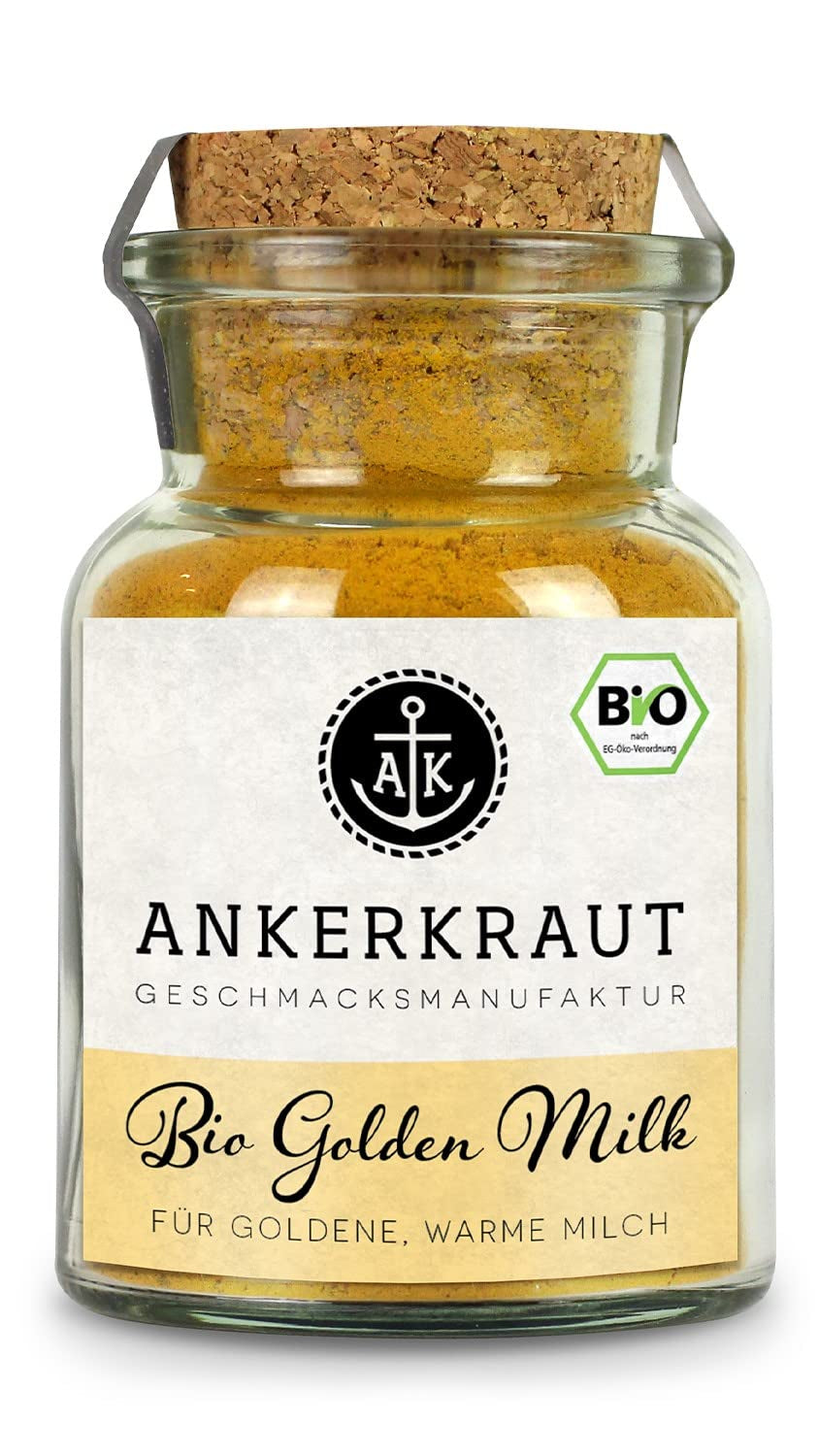 Ankerkraut Bio Golden Milk, Gewürz für goldene Milch, with Turmeric, Zimt und Ingwer, 75 g in a cork glass