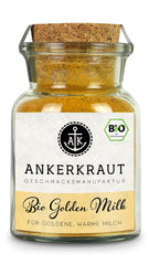 Ankerkraut Bio Golden Milk, Gewürz für goldene Milch, with Turmeric, Zimt und Ingwer, 75 g in a cork glass