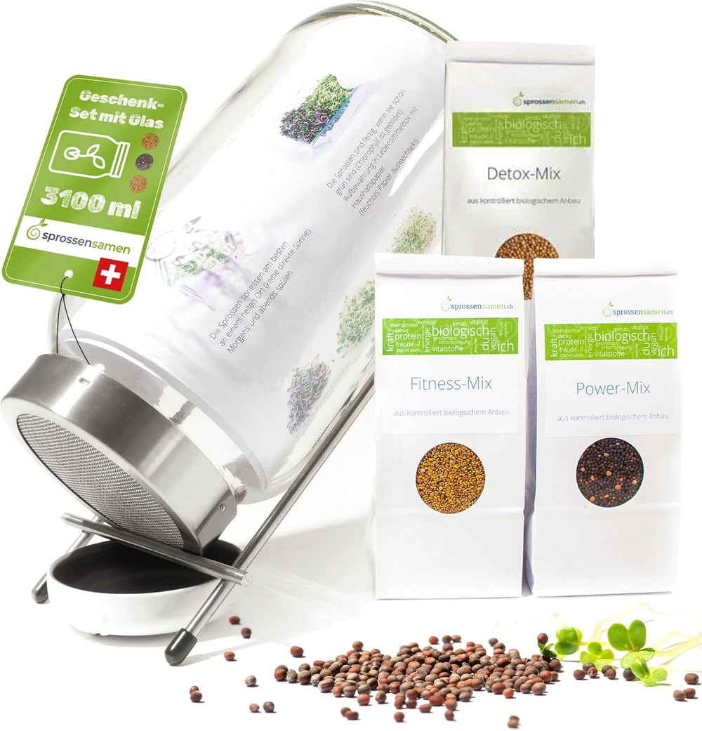 Germination jar set 3100 ml with gift set - Organic Fitness Mix, Power Mix and Detox Mix, 75 g each - Germination jar - incl. jar lid, stand and strainer