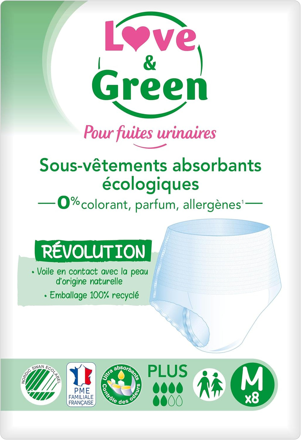Adult hypoallergenic and eco-friendly absorbent underwear, size M, 8 pieces