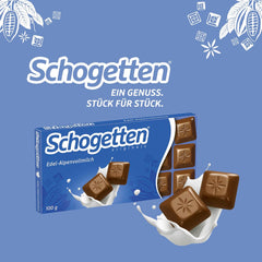 Schogetten Premium Alpine milk chocolate bar, 100g, individually portioned. A delight. Piece by piece.