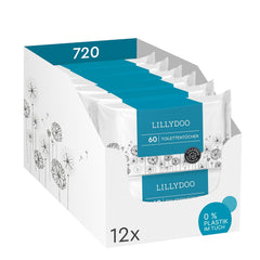 LILLYDOO Toilet Wet Wipes 720 Pcs (12 x 60) 100% Plastic Free Flushable Wipes Fragrance Free