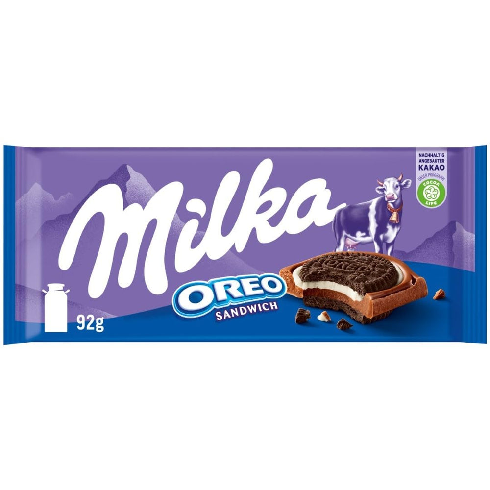 Milka Oreo Sandwich – Alpine milk chocolate, filled with crunchy pieces of Oreo cookies and smooth vanilla cream – 92g