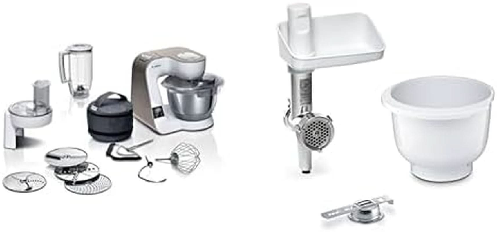 Robot de bucătărie Bosch Seria 4 MUM5X720, cântar integrat, bol din oțel inoxidabil 3.9L, mixer 1.25L, 1000W Accesorii Hrana si Alaptare Bebe Naty Shop Bundle cu Bakingsensation Alb Sampanie 2 accesorii
