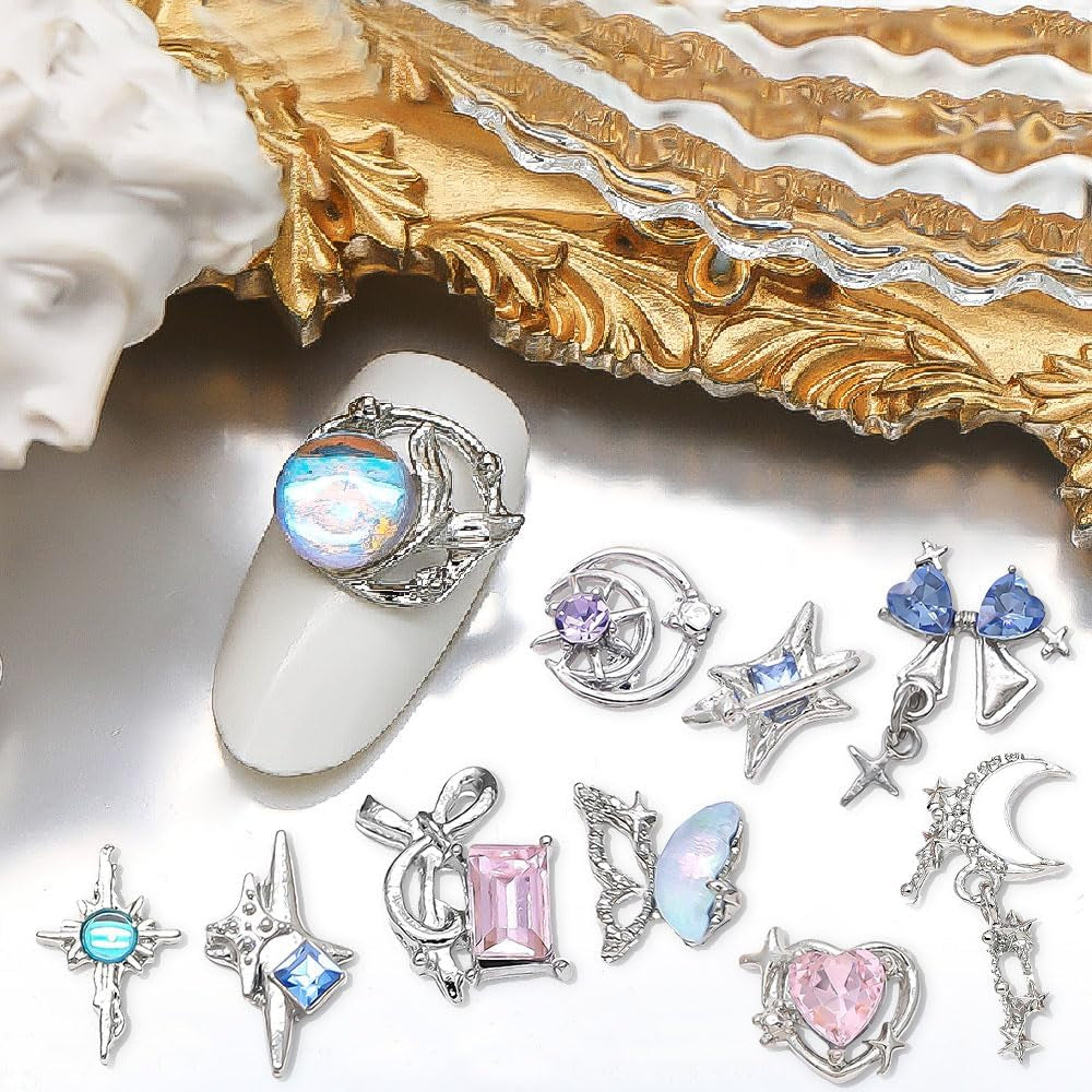 16 Stile Luxus Mond Stern Nagel Charms 3D Nail Charms Y2K Legierung Strasssteine Bogen Schmetterling Nagel Schmuck Metall Nail Art Charms Nägel Glitzersteine Nailart Rhinestones Nageldesign Zubehör