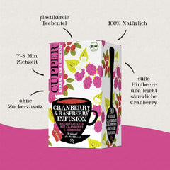 4Er Pack CUPPER Ceai de fructe bio „Cranberry & Raspberry Infusion”, 4X20 pliculețe de ceai nealbe, ecologic, comerț echitabil