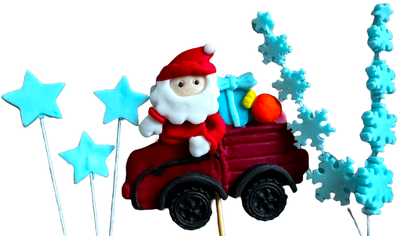 Set 6 decoratiuni comestibile din pasta de zahar, Craciun, masinuta cu Mos Craciun, stelute si fulgi de nea Decoratiuni din Pasta de Zahar Naty Shop