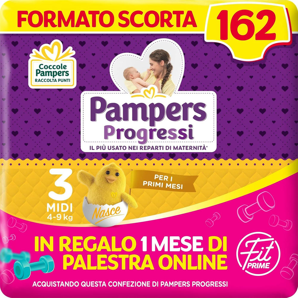 Pampers Progressi & Fit Prime Midi diapers, short format, 162 diapers, size 3 (4-9 kg), online membership to the gym for 1 month as a gift