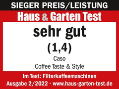 Espressor CASO Coffee Taste and Style cu filtru permanent, 1,5 l, temperatură optimă de preparare 92-96 °C, sistem anti-picurare, cap de preparare optimizat, oțel inoxidabil, 12 cești