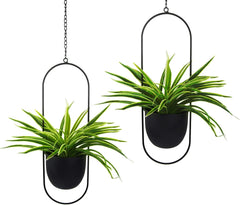 Ghivece metalice suspendate, 2 bucăți, negre, ovale, geometrice, cuier pentru plante cu ghiveci, jardinieră modernă de perete și tavan pentru interior și exterior, ghiveci de 15,2 cm, 2 bucăți