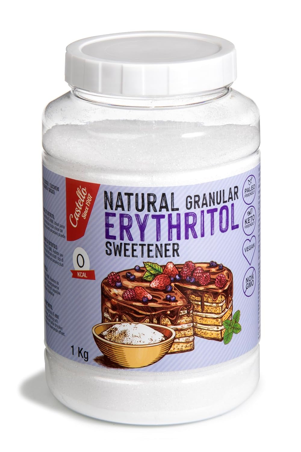 Natürliches Erythrit - Kristallzucker | 10G = 7G Zucker | Natürlicher Zuckerersatz - 0 Kalorien - 0 Glykämischer Index - Keto Und Paleo - 0 Netto-Kohlenhydrate - Kein GVO - Castello since 1907-1Kg Sweeteners Naty Shop 1 Kg (1Er Pack)