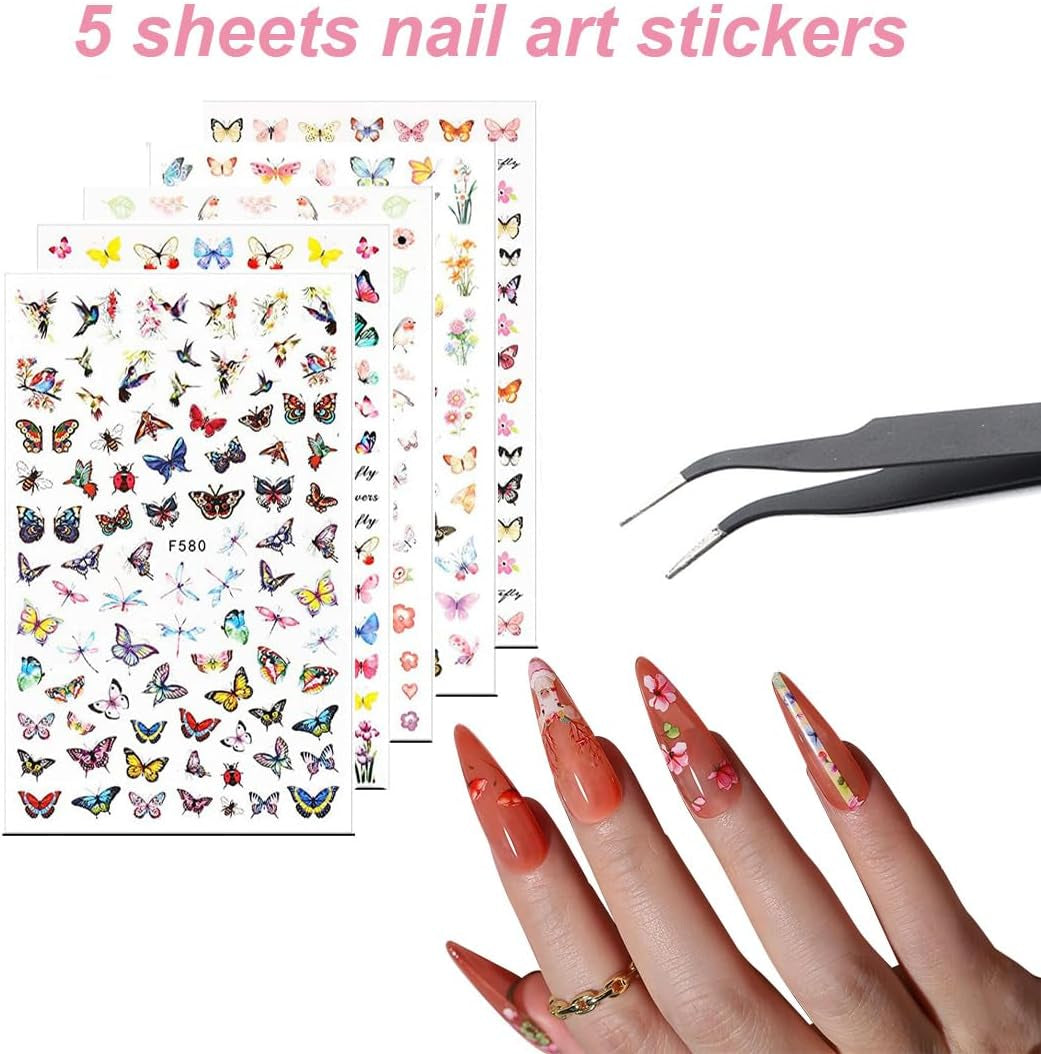 Set de stickere și accesorii pentru unghii - 5 stickere pentru unghii, pensulă, pietre, bandă decorativă, foiță de aur - Perfect pentru manichiură și unghii cu gel - Set de 50 de piese