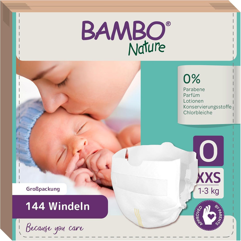Bambo Nature Diapers for Babies, Size 0 (1-3 kg), 144 pcs, Monthly Box | Premium Diapers with Enhanced Leak Protection | Ultimate comfort and freedom for newborns | Dermatologically tested diapers