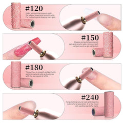 BLESWIN 100 bucăți benzi de șlefuit mici pentru burghie de unghii, granulație fină 240 cu 2 bucăți burghiu de 3 mm, mini benzi de șlefuit pentru lustruirea unghiilor naturale și curățarea cuticulelor pentru pregătire, roz