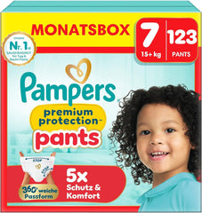 Pampers Premium Protection Pants Size 7, 123 Diapers, 15kg+, with 360° adjustment and soft anti-leak cuffs for optimal comfort and protection