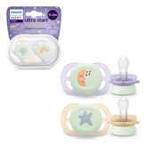Suzetă de noapte Philips AVENT Ultra Start, suzetă ortodontică pentru nou-născuți, strălucește în întuneric, fără BPA, cu recipient de sterilizare, pachet dublu, Lună, Stea, SCF075/07