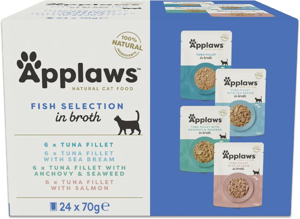 Applaws Hrană umedă pentru pisici 100% naturală, pliculețe cu selecție de pește în bulion - Pachet de 24 pliculețe x 70g