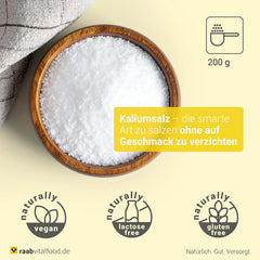 Raab Vitalfood Kalium salt-Mischung, Mineralsalzmischung mit 66.7% Natriumchlorid (Kochsalz) und 33% Kaliumchlorid, Kalium trägt zur Aufrechterhaltung eines normalen Blutdruck bei (1 x 200 g Dose)