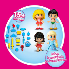Pinypon – 4er-Pack Märchenfiguren, enhtät Goldlöckchen, Eisprinzessin, Prinz der Wunderlampe und Meerprinzessin, über 20 thematische Accessoires, Famosa (PNY87000)