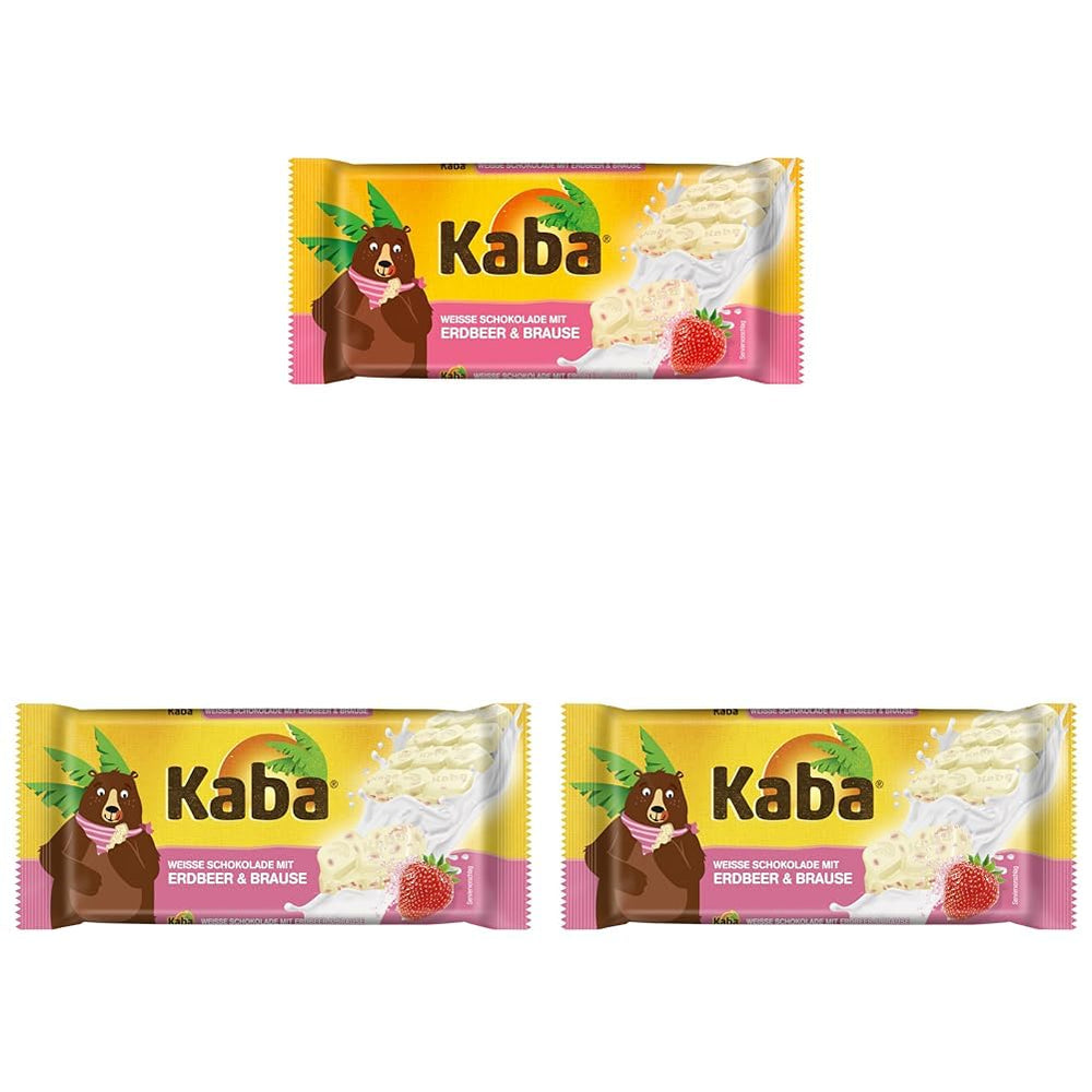 Kaba White Chocolate with Strawberry Flavor and Effervescent Candies, Chocolate Bar, Bar 85g, White Chocolate with Strawberry Fruity Flavor and Effervescent Candies with Kaba Original Flavor (Pack of 3)
