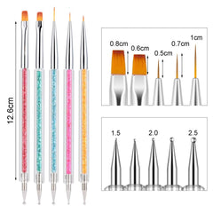 6 Stück Nagel Pinsel Set, Doppel-Ende Nageldesign Pinsel, Acryl Nail Art Pinsel Set Nail Art Liner Pinsel Dotting Tool Für DIY Nail Art Design (Mit 1 Schwammbürste)