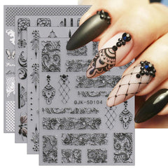 JMEOWIO 3D Nagelsticker Schwarz Weiß Blume Nail Art Sticker Selbstklebend Nagelaufkleber 5D Stereoskopisch Blumen Dekoration Nageldesign Zubehör 4 Blatt