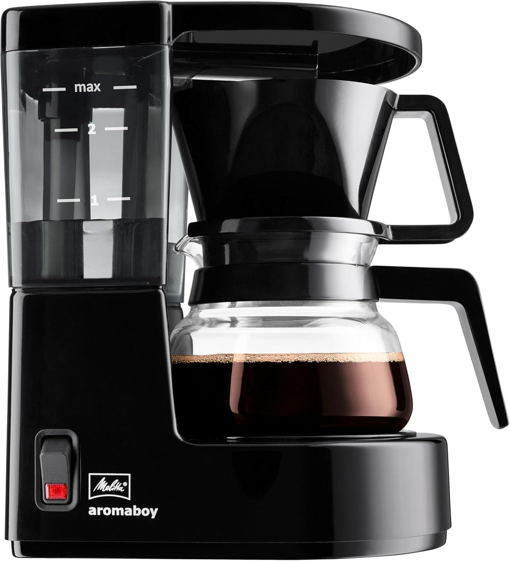 Melitta Aromaboy – aparat mic de cafea cu filtru și carafă de sticlă, pentru până la 2 cești de cafea, negru