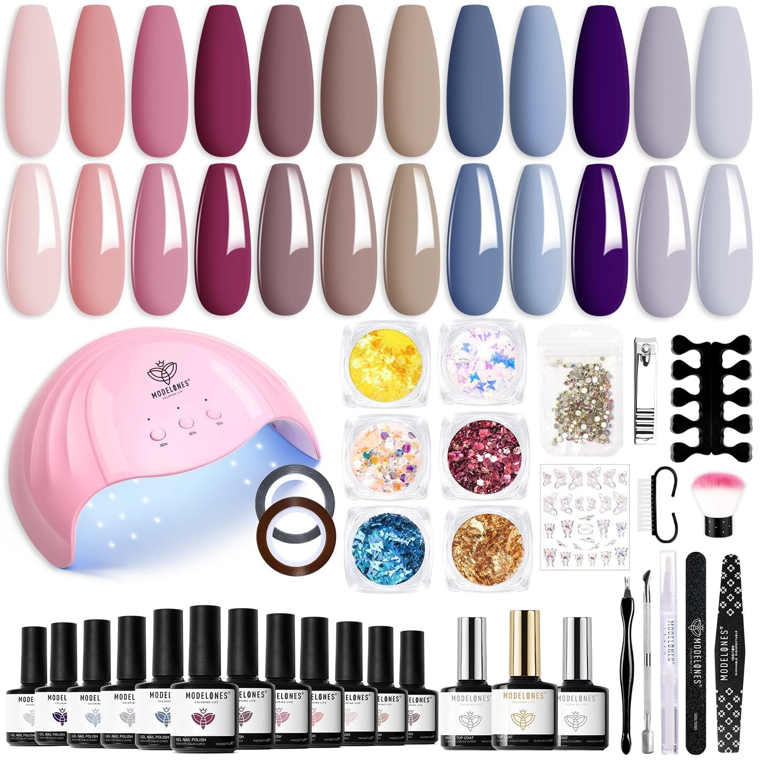 Modelones Set de 35 de bucăți pentru unghii cu gel, Set de ojă UV cu lampă 48W, Set de ojă gel maro nud alb roz, Set de ojă gel UV cu bază top coat Set studio unghii
