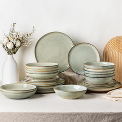 Set de veselă GBhome din gresie pentru 6 persoane, 24 de piese, glazură reactivă, lucrat manual, potrivit pentru cuptorul cu microunde și mașina de spălat vase, set de boluri și farfurii, Desret Sage, GDW007GY-24P-EU