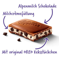Milka Oreo – Alpine milk chocolate filled with crunchy pieces of Oreo biscuits and smooth vanilla cream – 100g