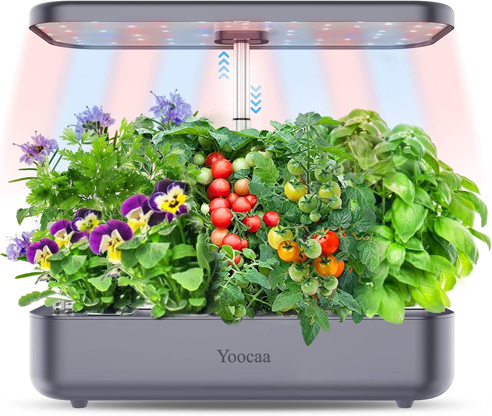 12-Utensils Hydroponic Growing System, Indoor Herb Garden Set with LED Light, Smart Home Garden, Kitchen, Germination Kit with Automatic Timer (Grey)