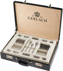 Gerlach Flames Besteck-Set 12 Personen Spülmaschinenfest Essbesteck Edelstahl Elegantes Tafelbesteck Messer Gabel Löffel Teelöffel Kuchengabel Soßenlöffel Kuchenspachtel Glänzend Rostfrei 68 Stk Bucatarie Naty Shop Silberglänzend 68 El. Etui