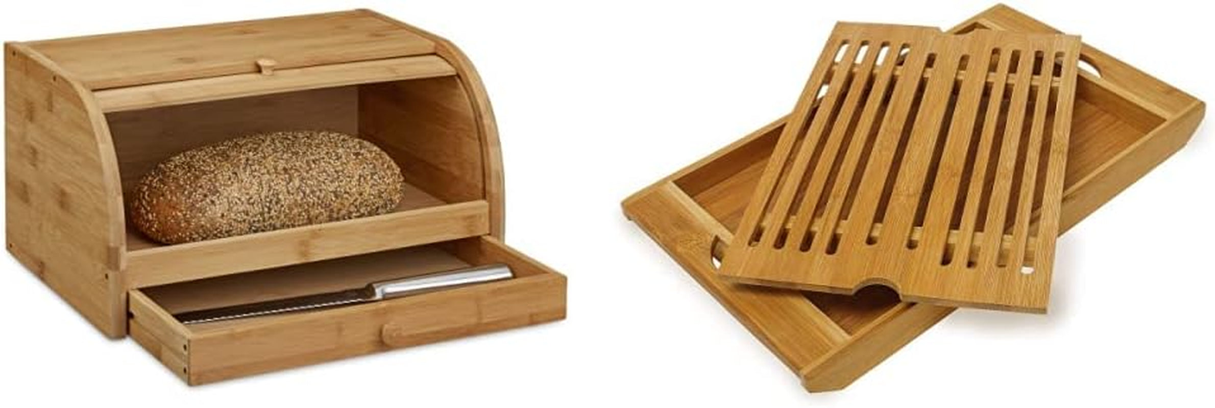 Relaxdays Coș de pâine rulant cu sertar, bambus, HxLxP: 21 x 40,5 x 28 cm, lemn, natural & placă de tăiat pâine din bambus aprox. 3 x 37 x 21,5 cm Placă de tăiat cu tavă pentru firimituri pentru curățare ușoară natural Cutii depozitare alimente Naty Shop Pachet cu placă de tăiat pâine 3X37X21,5 cm