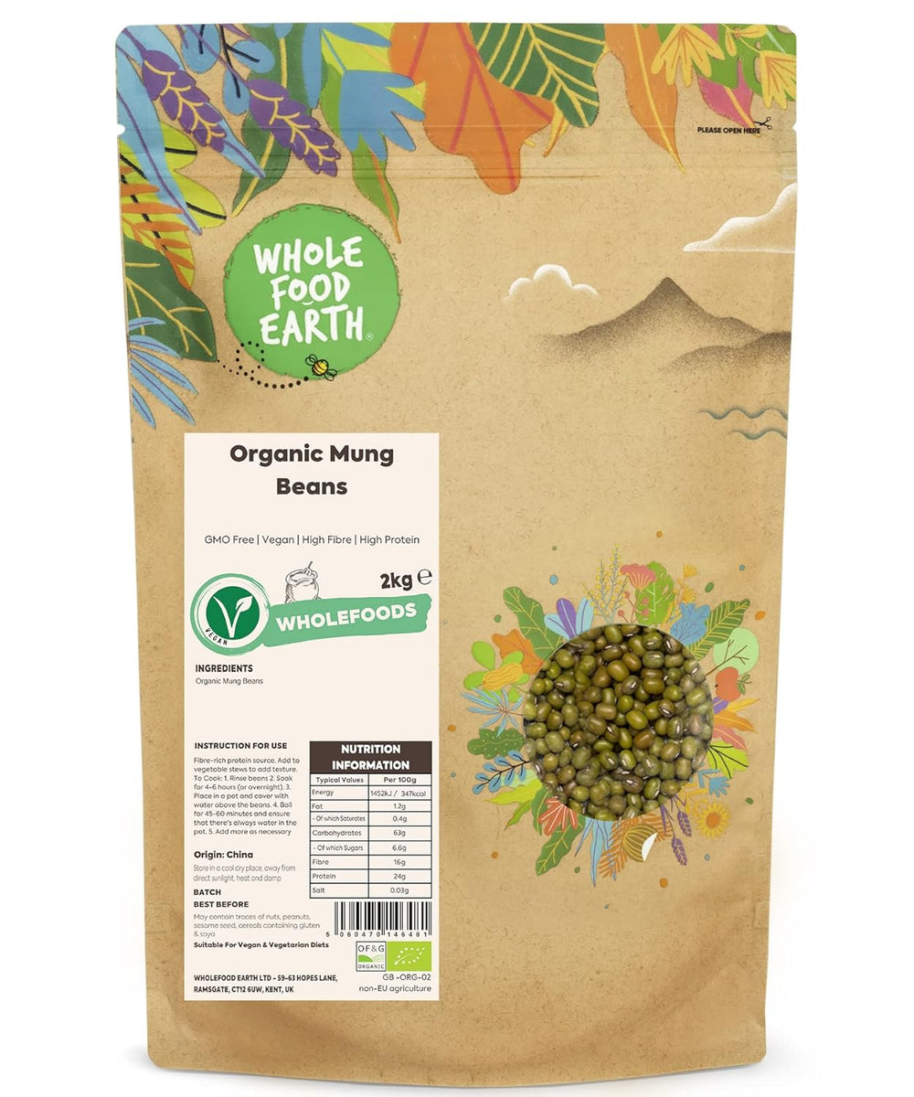 Wholefood Earth Organic Mung Beans 2kg | Non-GMO | Vegan | Rich in fiber | Rich in protein | Certified organic