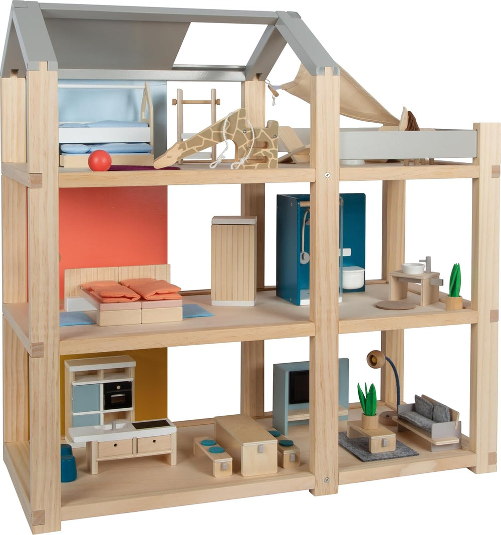 Casă de păpuși din lemn Small Foot, culori naturale – cu 3 etaje, terasă pe acoperiș și set de mobilier cu 51 de piese, încurajează jocul creativ, potrivită pentru vârste de la 3 ani în sus, 12541